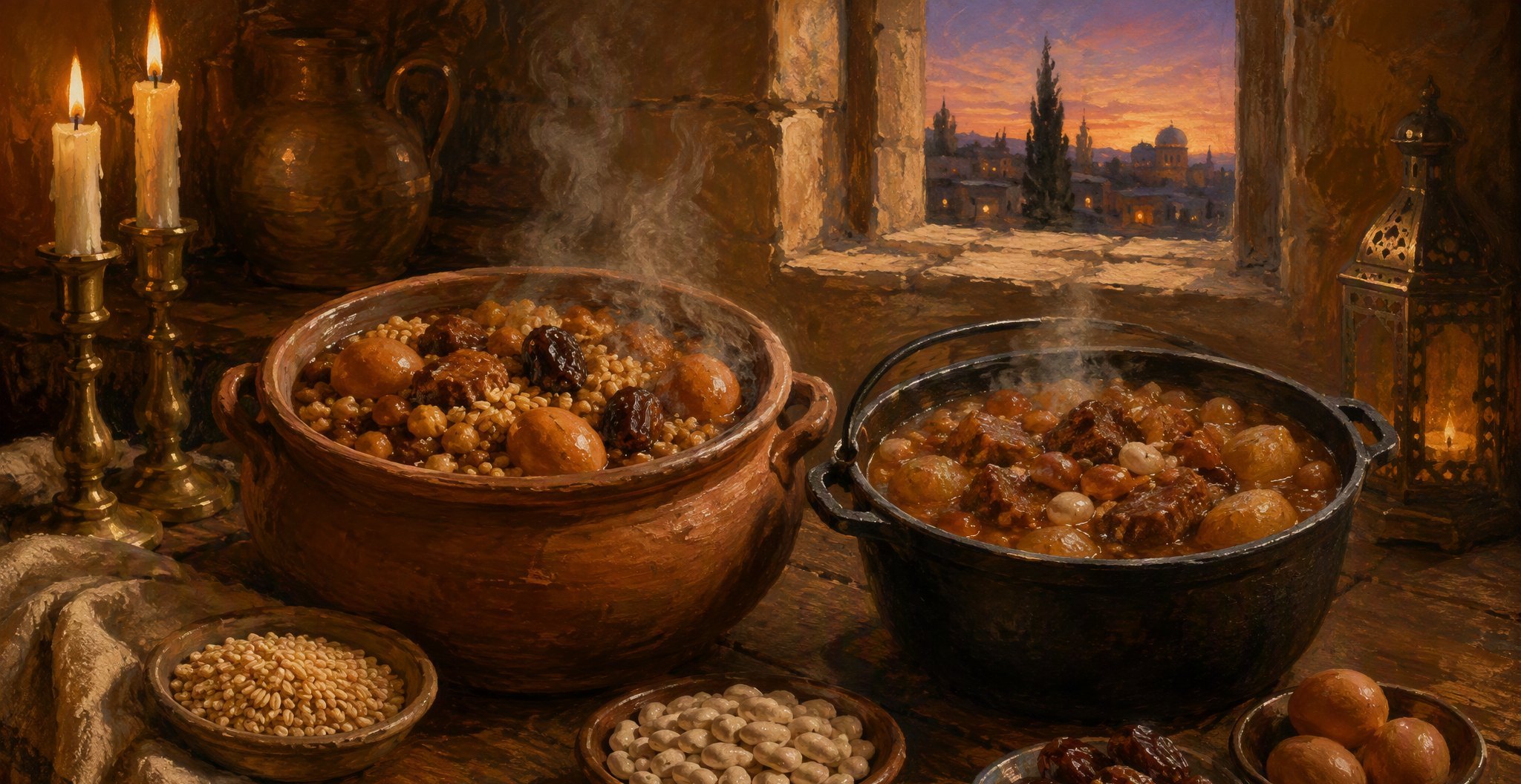 Painterly illustration of the Sabbath stew across communities — a clay hamin pot and an iron cholent pot steaming side by side by candlelight